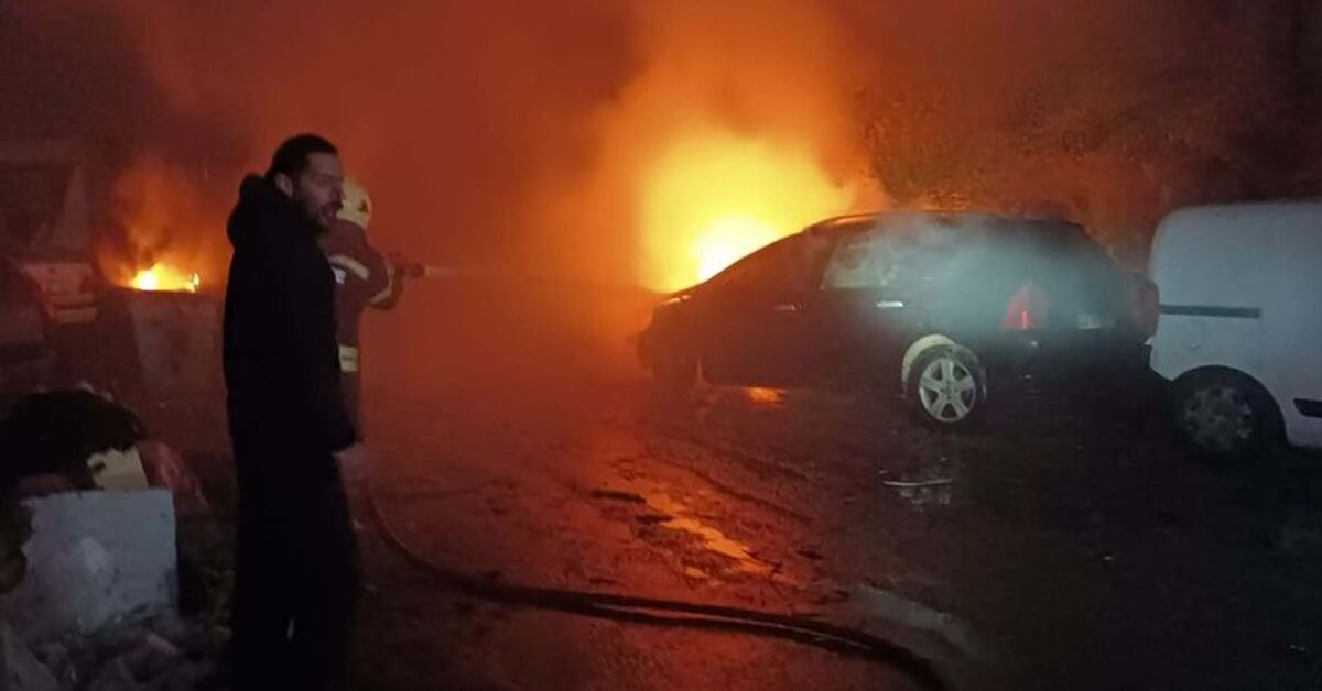 Yıldırım düşen ağacın altındaki 2 otomobil alev aldı